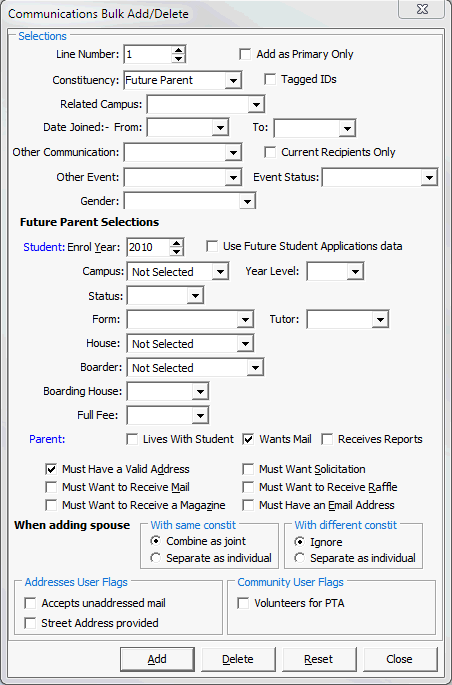 Communications Bulk Add/Delete window