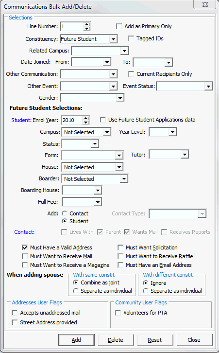 Communications Bulk Add/Delete window