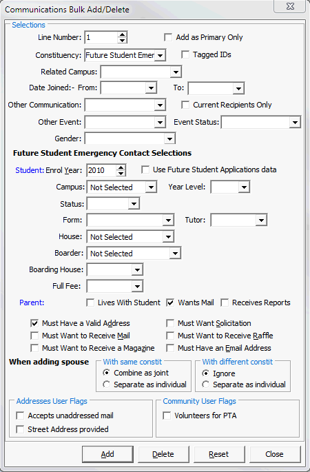 Communications Bulk Add Delete (Future Student Emergency Contact selections)