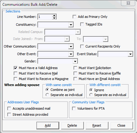 Communications Bulk Add/Delete window