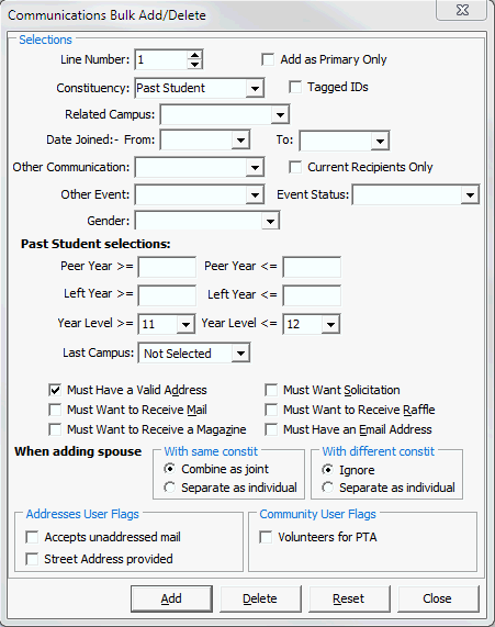 Communications Bulk Add Delete (Past Student)