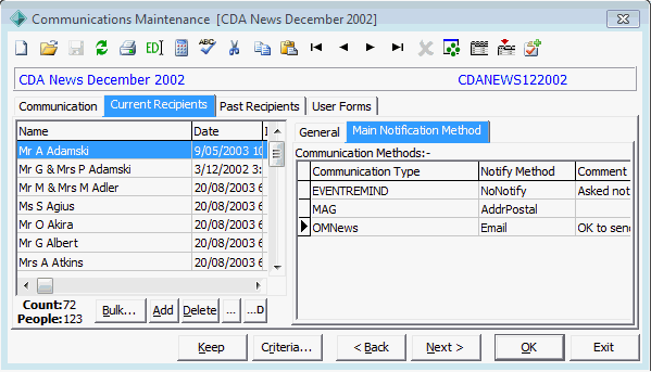 Communications Maintenance - Current Recipients tab - Main Notification Method sub-tab