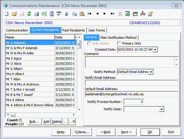 Communications Maintenance - Current Recipients tab