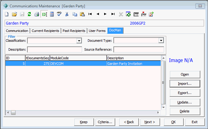 Communications Maintenance - DocMan tab