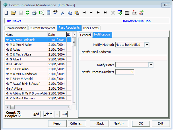 Communications Maintenance - Past Recipients tab - Notification sub-tab