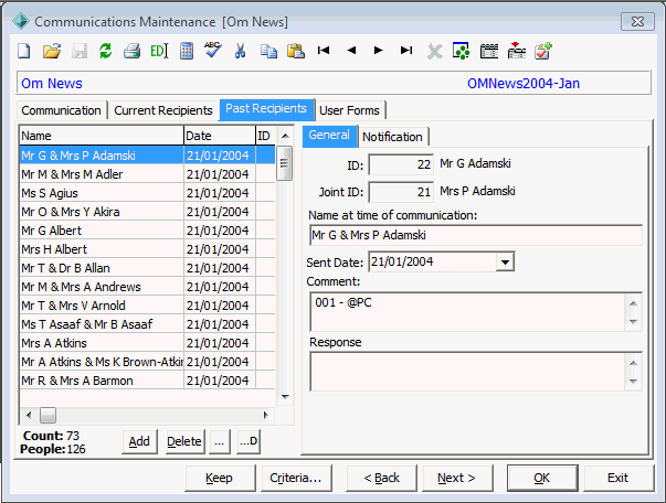 Communications Maintenance - Past Recipients tab