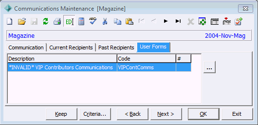 Communications Maintenance - User Forms tab