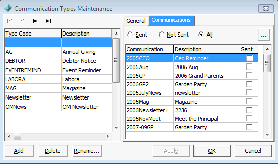 Communication Types Maintenance - Communications tab
