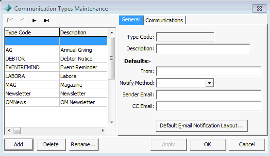Communication Types Maintenance - General tab