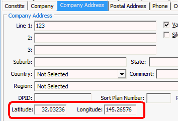 Community Maintenance - Company Address tab (Latitude and Longitude fields, cut down)