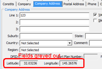 Community Maintenance - Company Address tab (Latitude and Longitude fields, greyed out)
