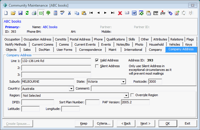 Community Maintenance - Company Address tab