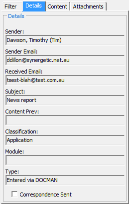 Community Maintenance - Correspondence tab (cut down, details tab)