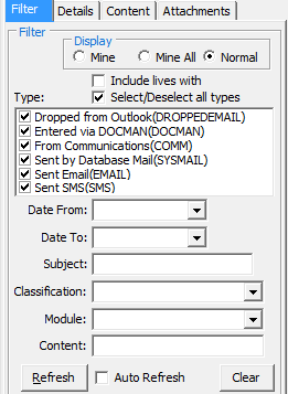 Community Maintenance - Correspondence tab (cut down, filter tab)