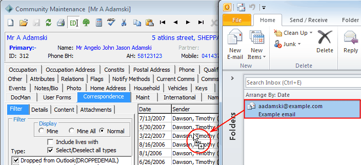 Community Maintenance - Correspondence tab (Dragging email from Outlook)