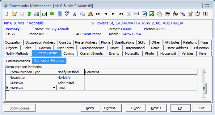 Community Maintenance - Current Comms tab - Notification Methods sub-tab