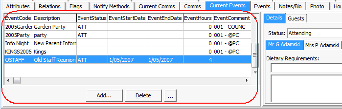 Community Maintenance - Current Events tab - Details sub-tab (cut down)