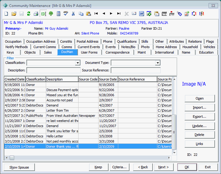 Community Maintenance - DocMan tab