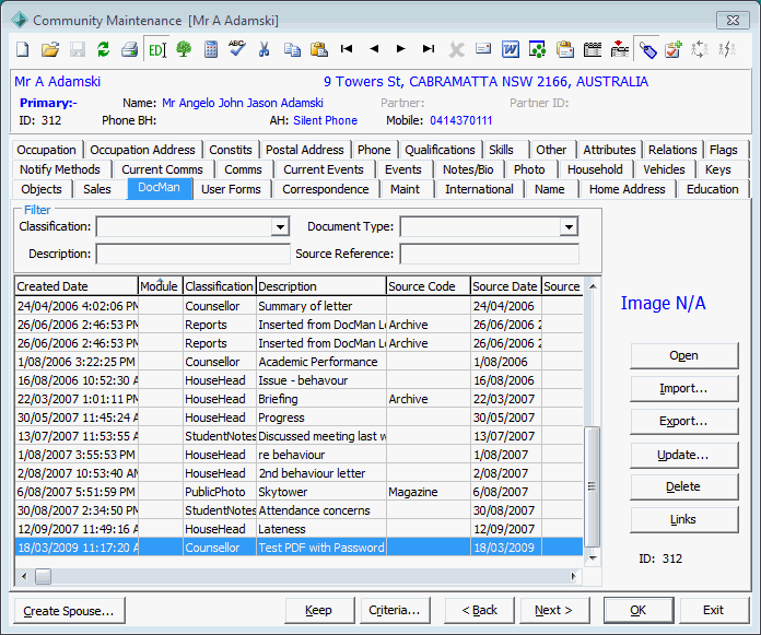 Community Maintenance - DocMan tab