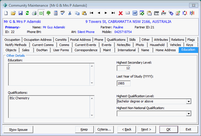 Community Maintenance - Education tab