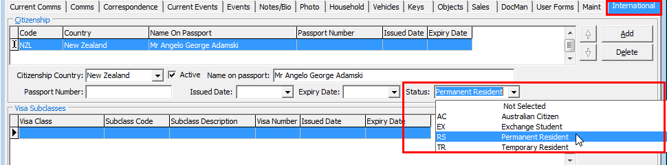 Community Maintenance - International tab (Status field highlighted)