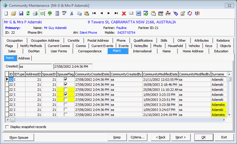 Community Maintenance - Maint tab