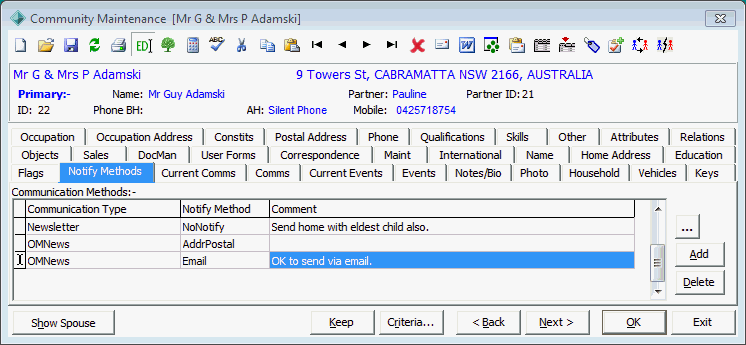 Community Maintenance - Notify Methods tab