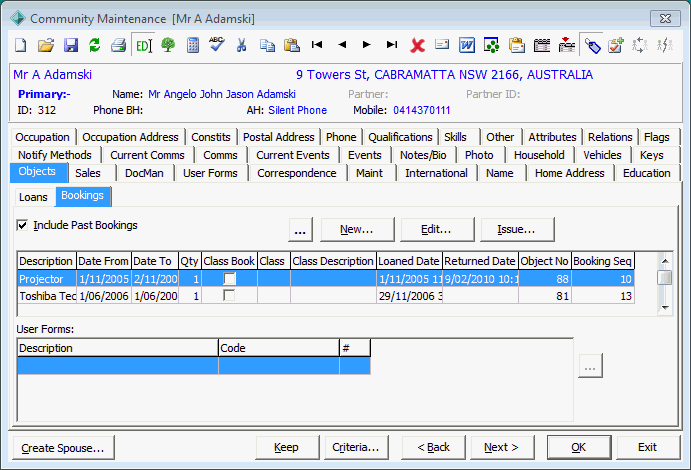 Community Maintenance - Objects tab - Bookings sub-tab