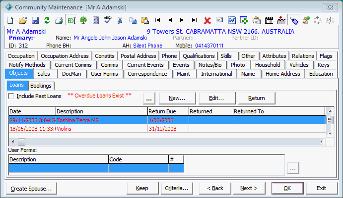 Community Maintenance - Objects tab - Loans sub-tab