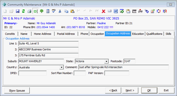 Community Maintenance - Occupation Address tab