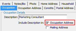 Community Maintenance - Occupation tab (Occupation Address field selected)