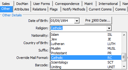 Community Maintenance - Other tab, Religion drop-down list