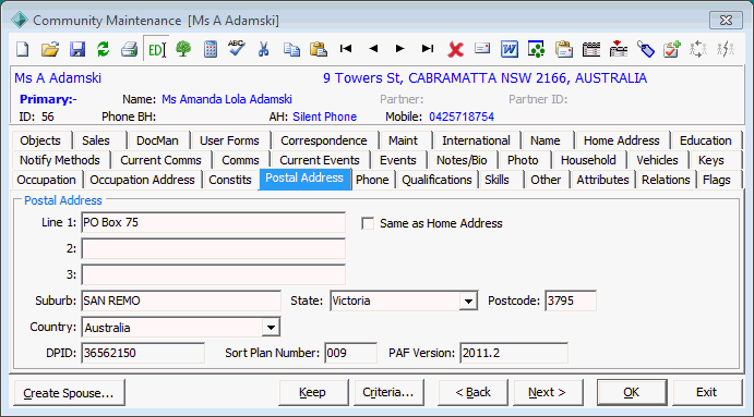 Community Maintenance - Postal Address tab