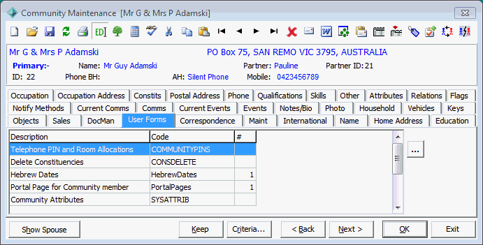Community Maintenance - User Forms tab