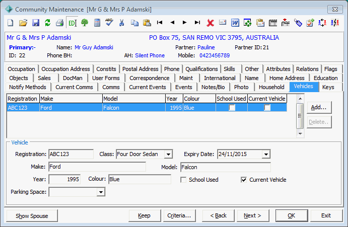 Community Maintenance - Vehicles tab