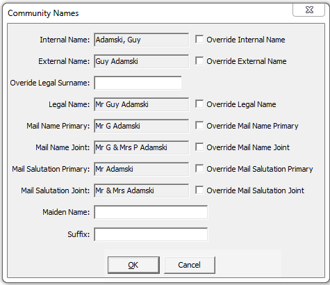 Community Names window