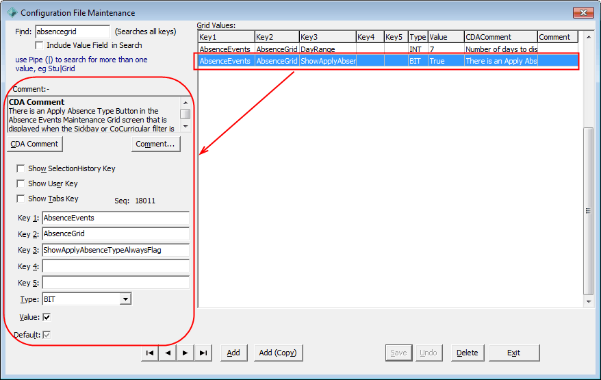 Configuration File Maintenance window (selection corresponds to fields)