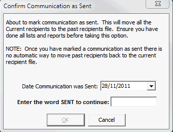 Confirm Communication As Sent window