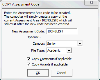 COPY Assessment Code window