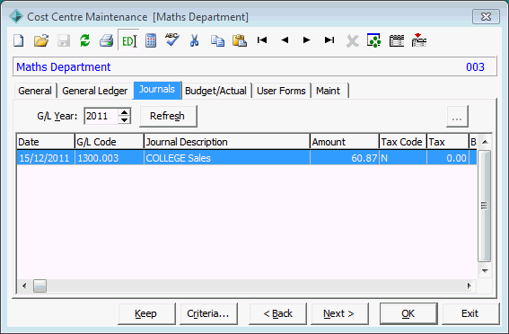 Cost Centre Maintenance - Journals tab