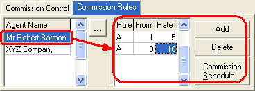 Course Agent Maintenance - Commission Rules tab (fields and buttons)