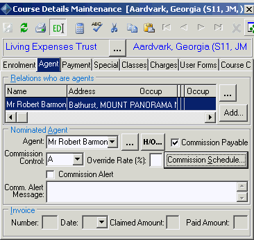 Course Details Maintenance - Agent tab (cut down)