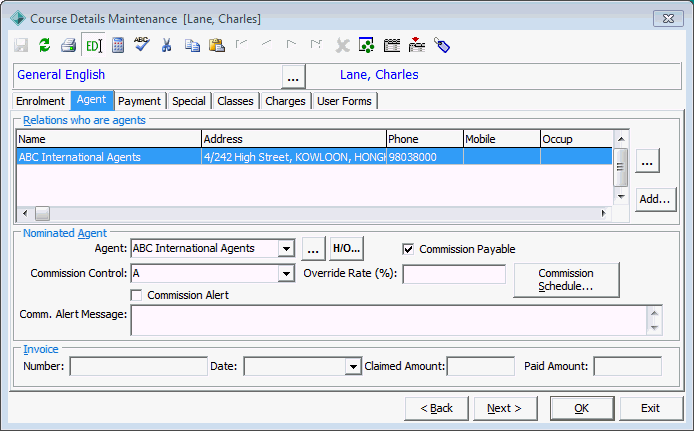 Course Details Maintenance - Agent tab
