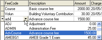 Course Details Maintenance - Charges tab (select Fee Code field)