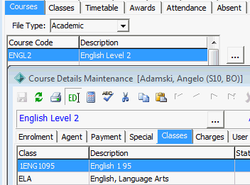 Course Details Maintenance - Classes tab (cut down, with Courses tab)