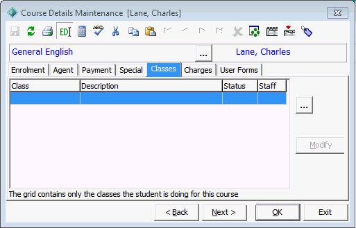 Course Details Maintenance - Classes tab