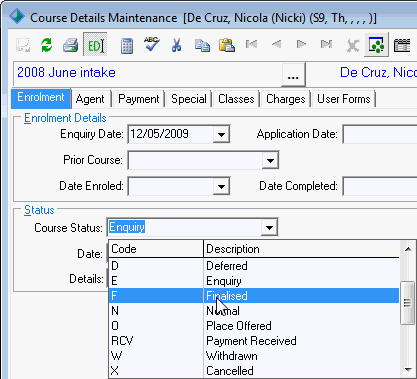 Course Details Maintenance - Enrolment tab (cut down)