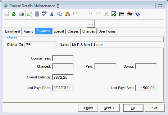 Course Details Maintenance - Payment tab