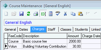 Course Maintenance - Charges tab (cut down)