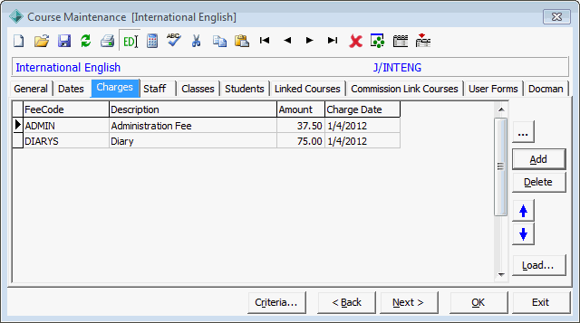 Course Maintenance - Charges tab
